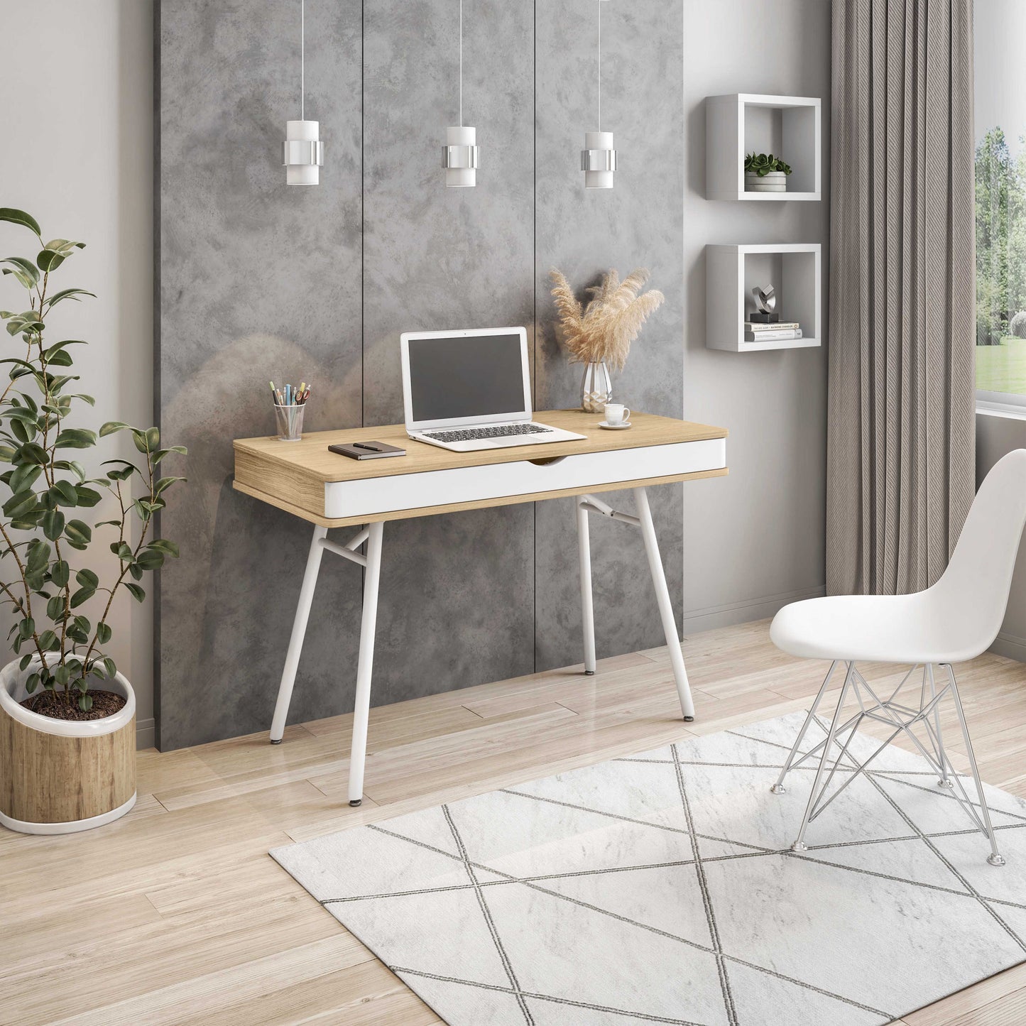 Techni Mobili Modern Multi Storage Computer Desk with Storage, Pine