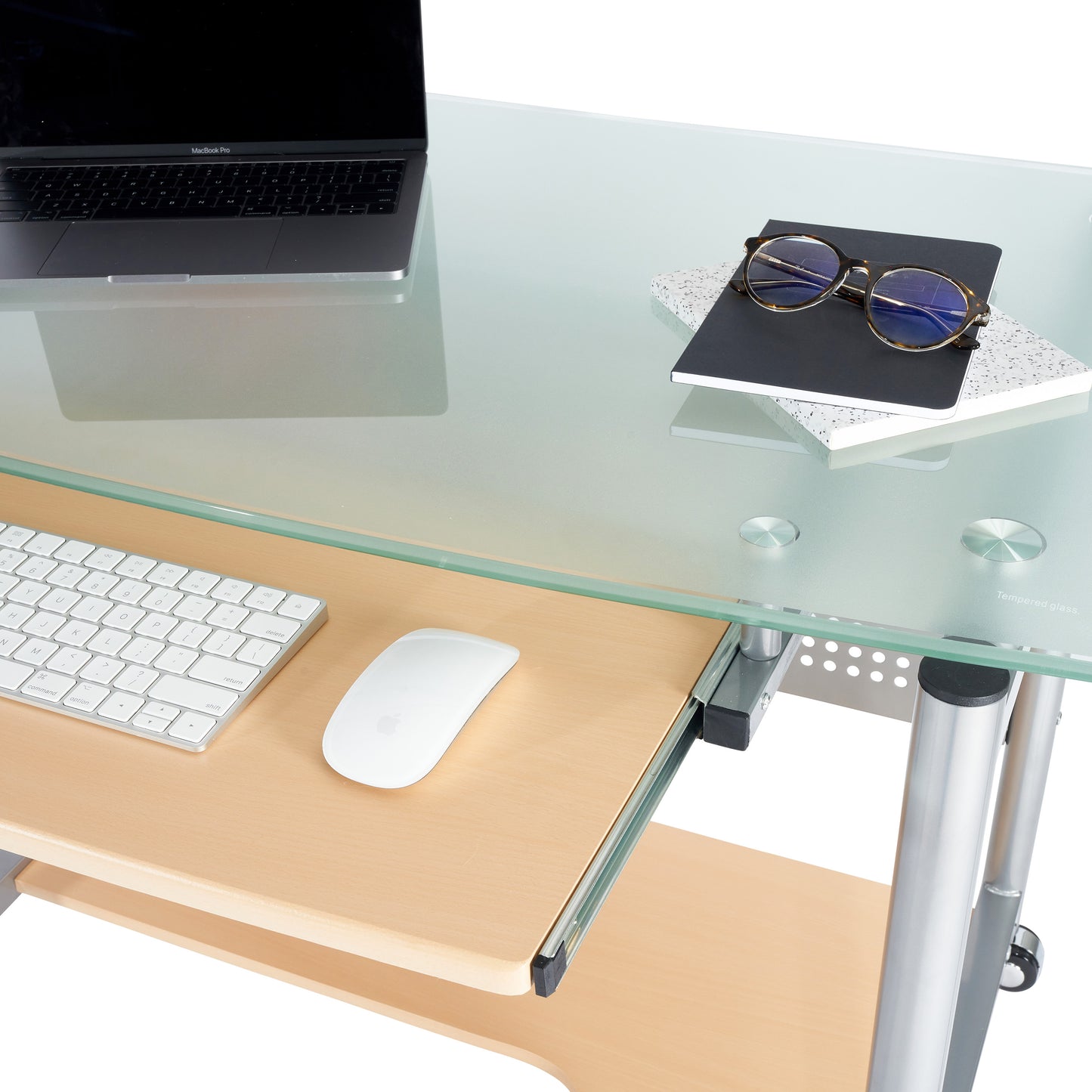 Techni Mobili Rolling Computer Desk, Glass and Silver