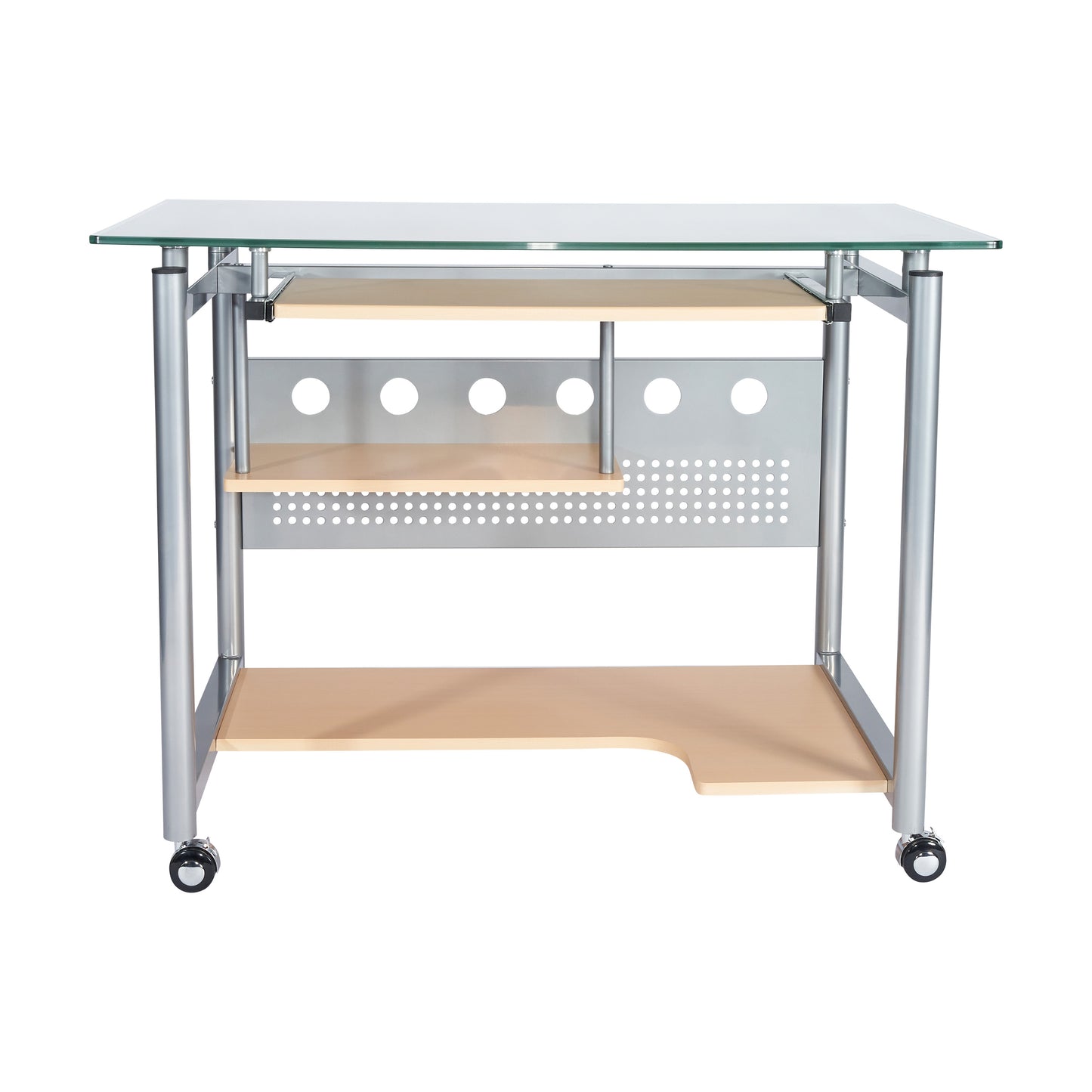 Techni Mobili Rolling Computer Desk, Glass and Silver