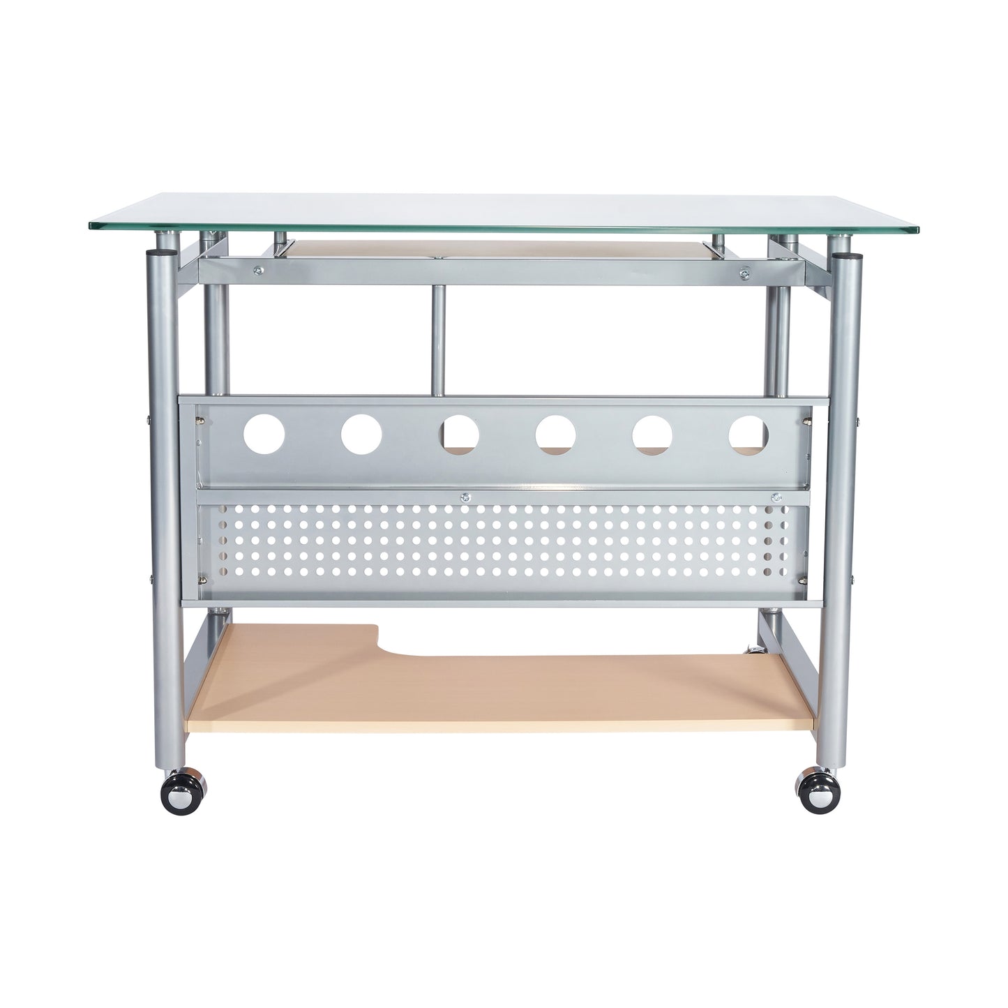 Techni Mobili Rolling Computer Desk, Glass and Silver