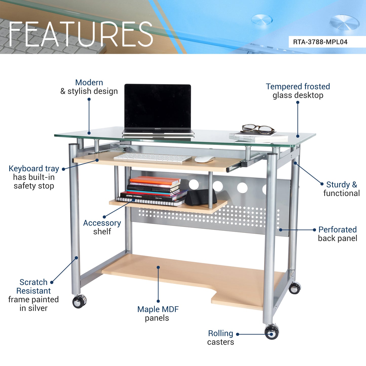 Techni Mobili Rolling Computer Desk, Glass and Silver