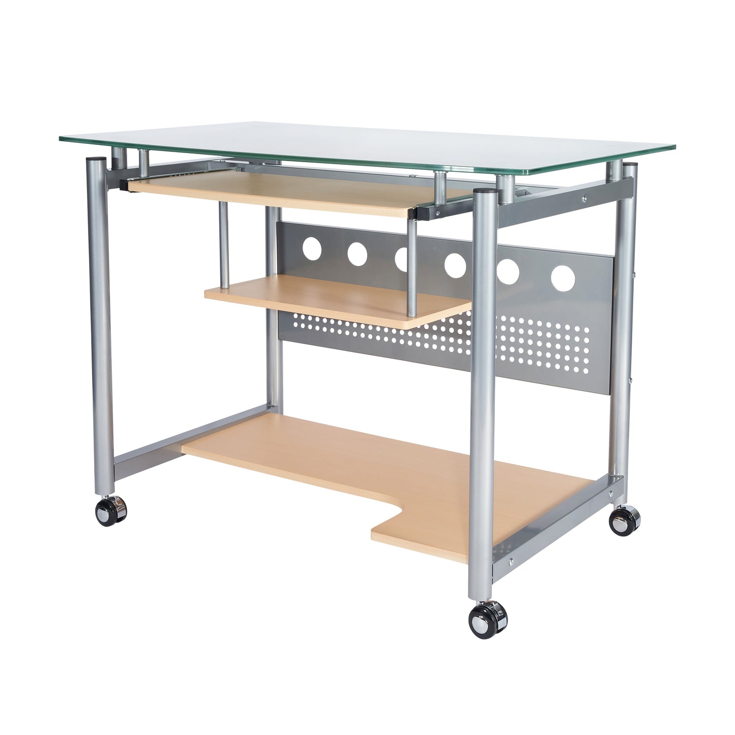Techni Mobili Rolling Computer Desk, Glass and Silver