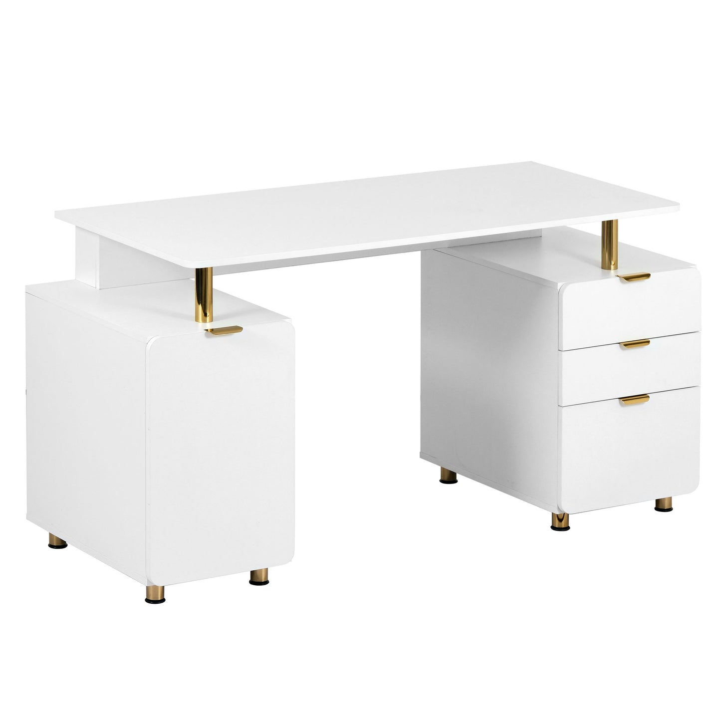 Techni Mobili Elegant Executive Desk with Gold Accents, 3 Drawers, and Cabinet with Adjustable Shelf and Ventilation, Modern Office Desk with Storage & Floating Work Surface, White & Gold