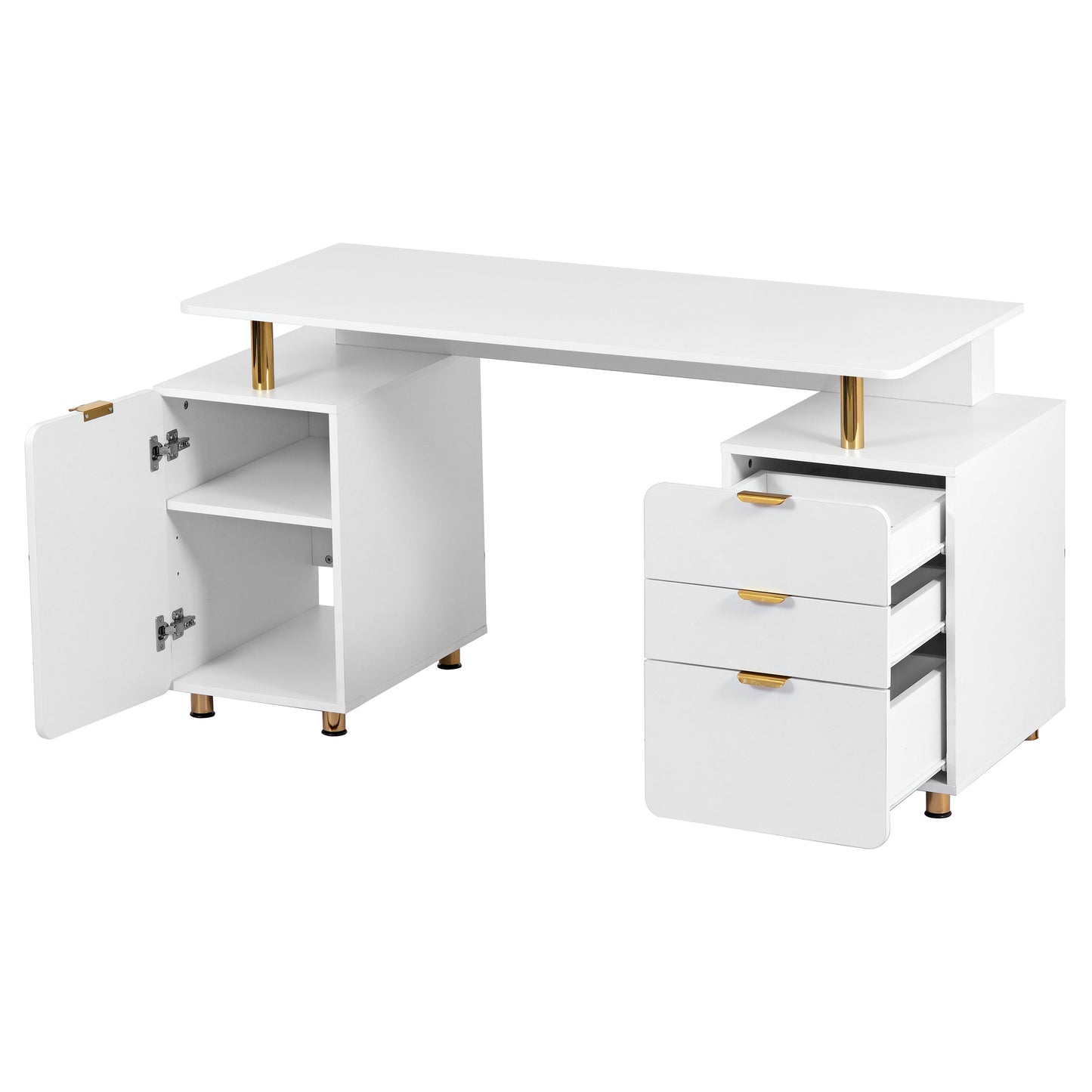 Techni Mobili Elegant Executive Desk with Gold Accents, 3 Drawers, and Cabinet with Adjustable Shelf and Ventilation, Modern Office Desk with Storage & Floating Work Surface, White & Gold