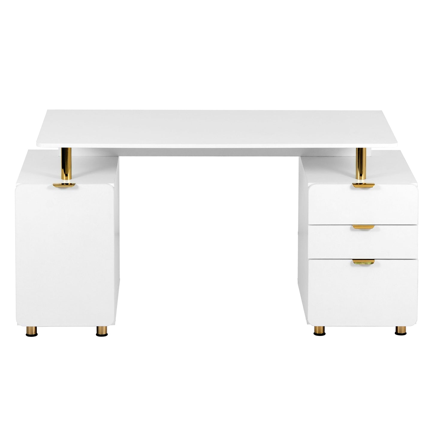 Techni Mobili Elegant Executive Desk with Gold Accents, 3 Drawers, and Cabinet with Adjustable Shelf and Ventilation, Modern Office Desk with Storage & Floating Work Surface, White & Gold