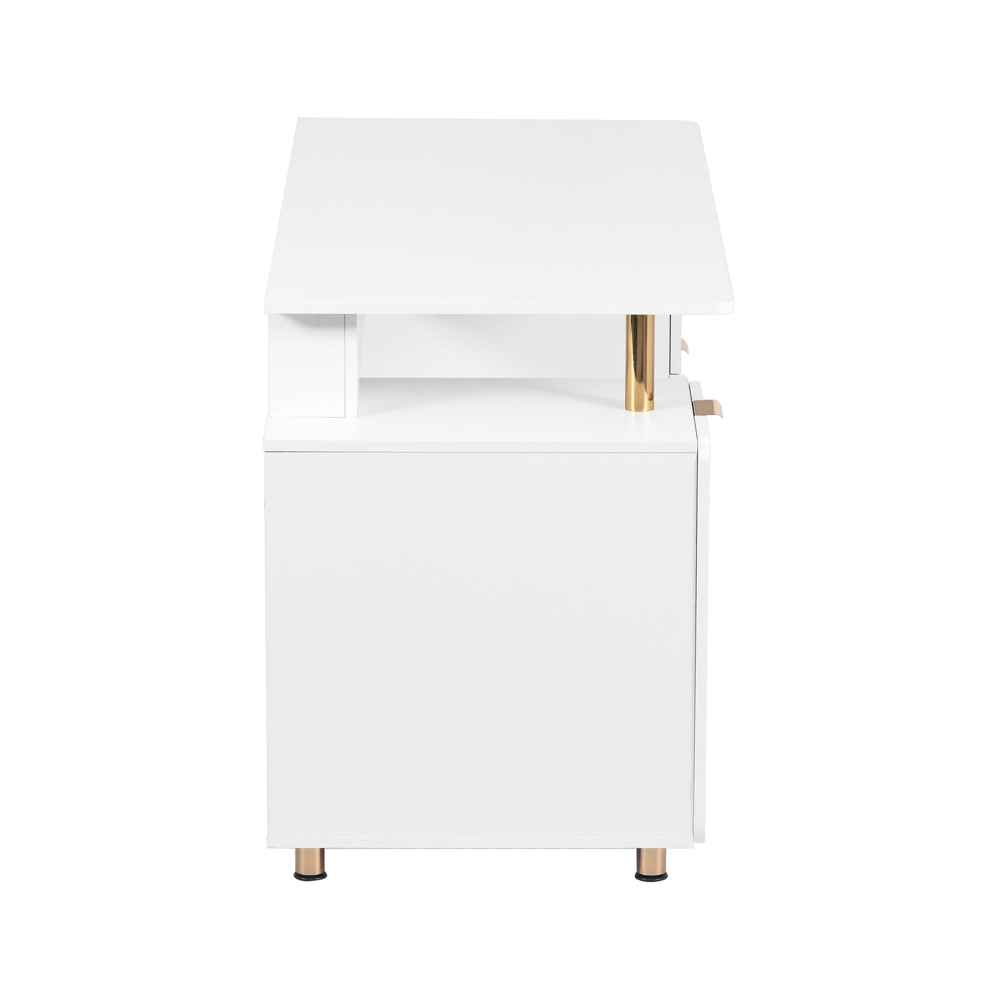 Techni Mobili Elegant Executive Desk with Gold Accents, 3 Drawers, and Cabinet with Adjustable Shelf and Ventilation, Modern Office Desk with Storage & Floating Work Surface, White & Gold