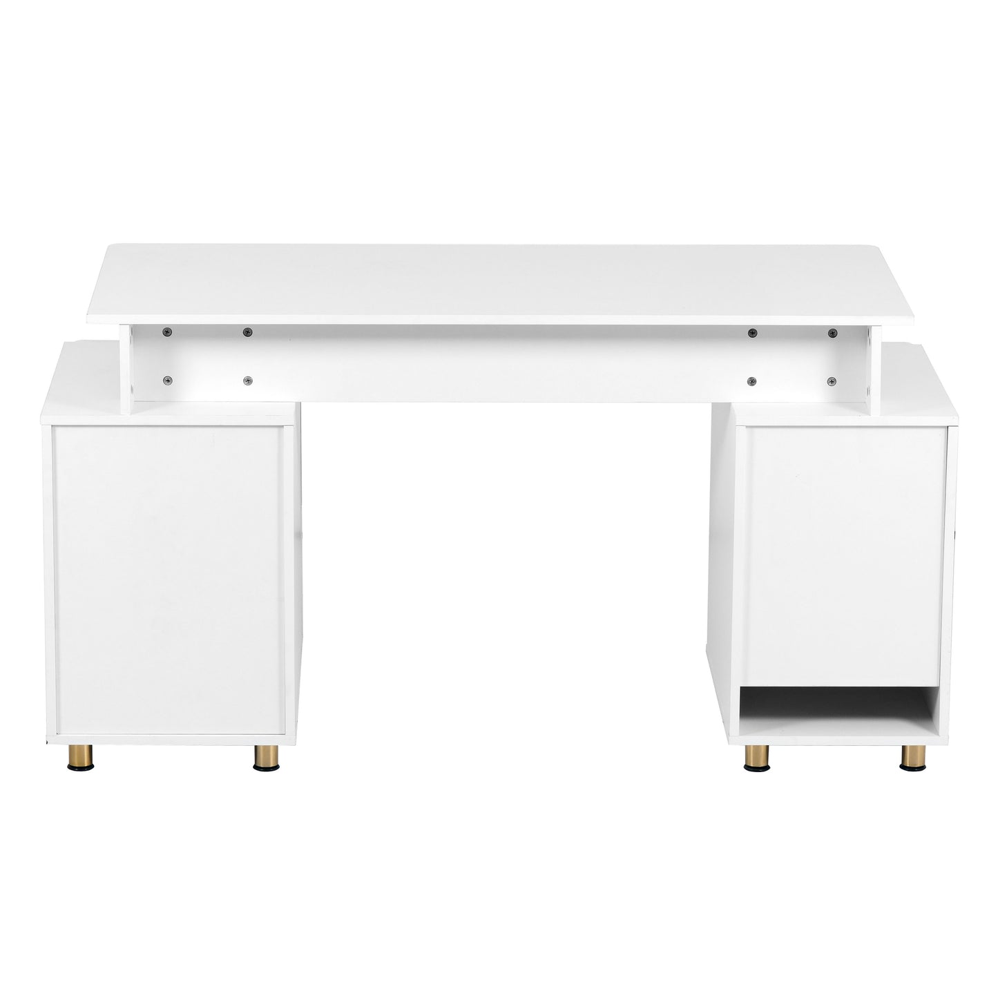 Techni Mobili Elegant Executive Desk with Gold Accents, 3 Drawers, and Cabinet with Adjustable Shelf and Ventilation, Modern Office Desk with Storage & Floating Work Surface, White & Gold