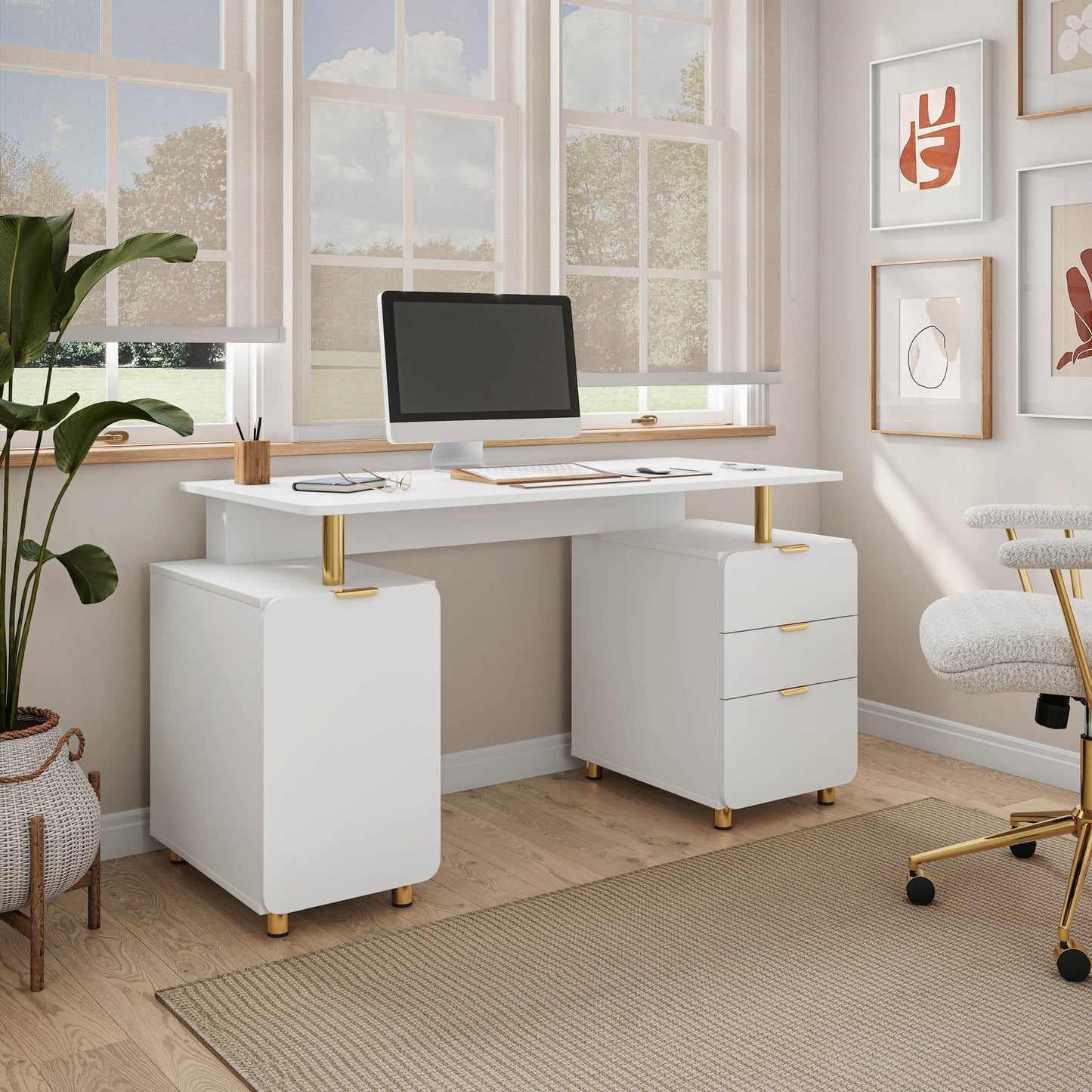 Techni Mobili Elegant Executive Desk with Gold Accents, 3 Drawers, and Cabinet with Adjustable Shelf and Ventilation, Modern Office Desk with Storage & Floating Work Surface, White & Gold