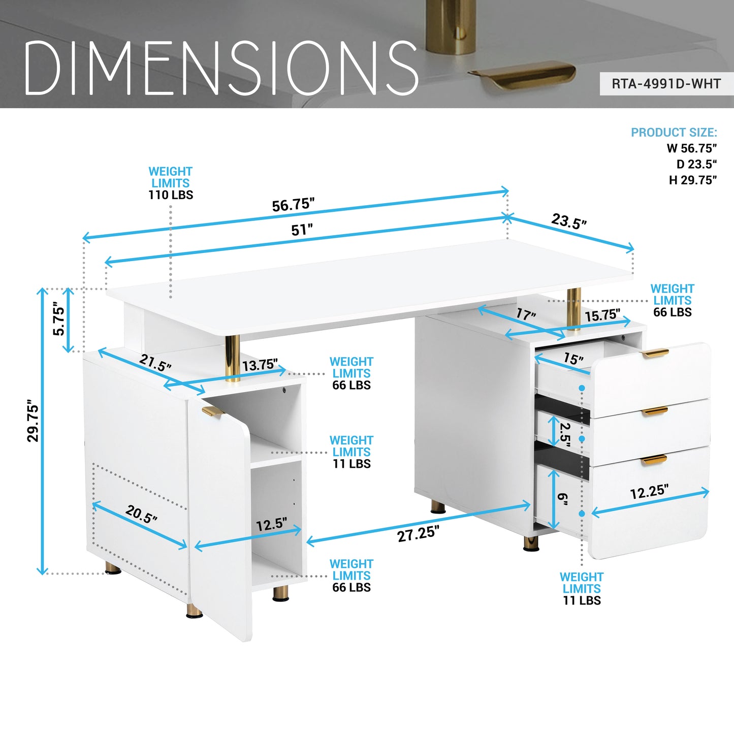 Techni Mobili Elegant Executive Desk with Gold Accents, 3 Drawers, and Cabinet with Adjustable Shelf and Ventilation, Modern Office Desk with Storage & Floating Work Surface, White & Gold