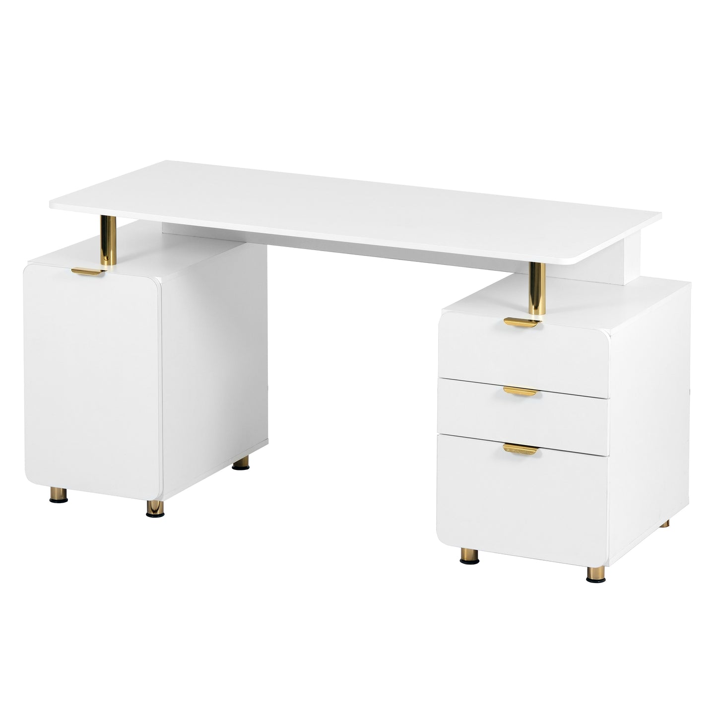 Techni Mobili Elegant Executive Desk with Gold Accents, 3 Drawers, and Cabinet with Adjustable Shelf and Ventilation, Modern Office Desk with Storage & Floating Work Surface, White & Gold