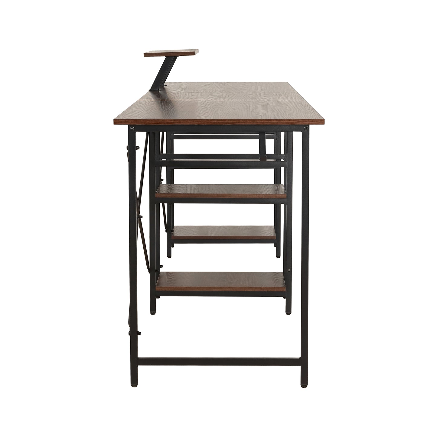 Techni Mobili L-Shape Industrial Desk with storage shelves, Walnut