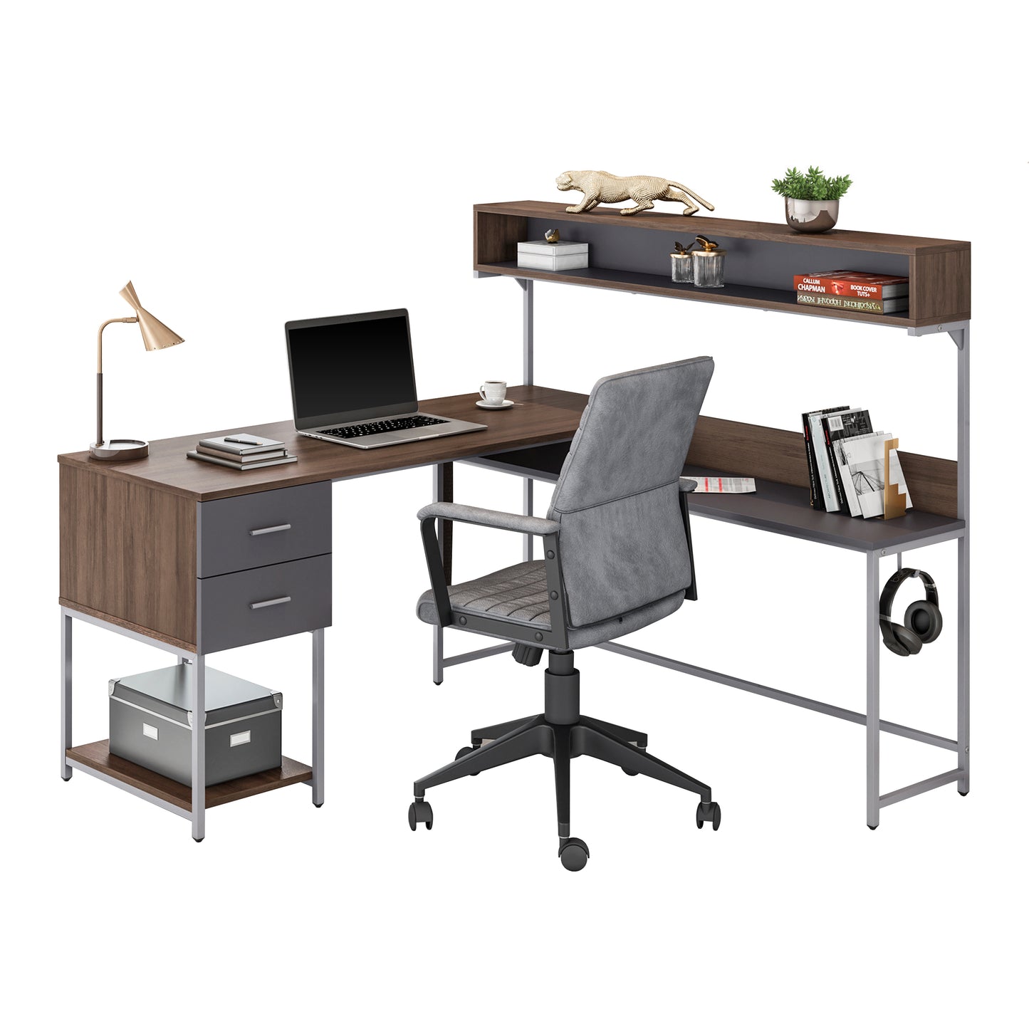 Techni Mobili L-Shape Desk with Hutch and Storage, walnut