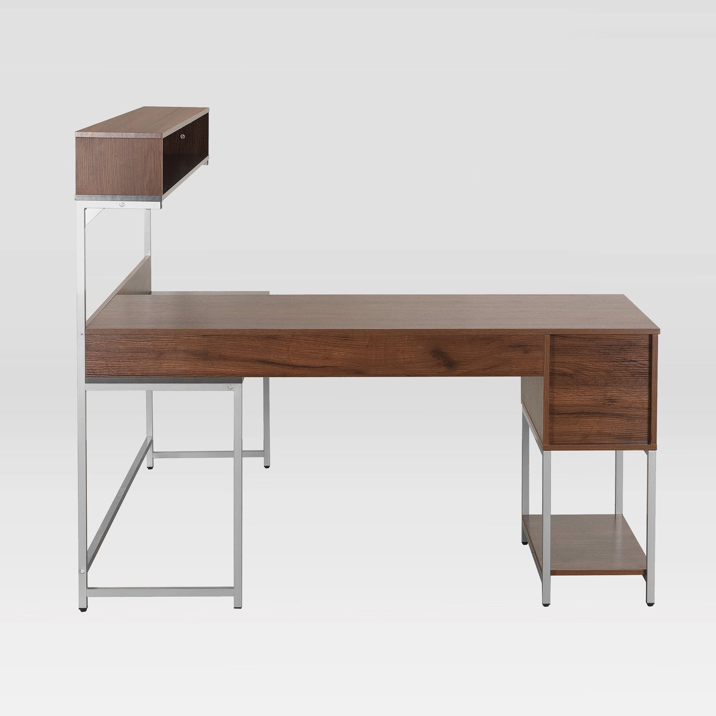 Techni Mobili L-Shape Desk with Hutch and Storage, walnut