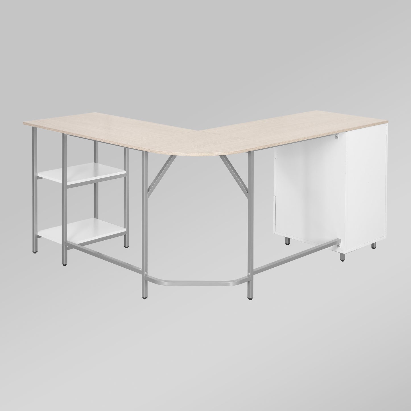 Techni Mobili L-Shape Home Office Two-Tone Desk with Storage, Sand