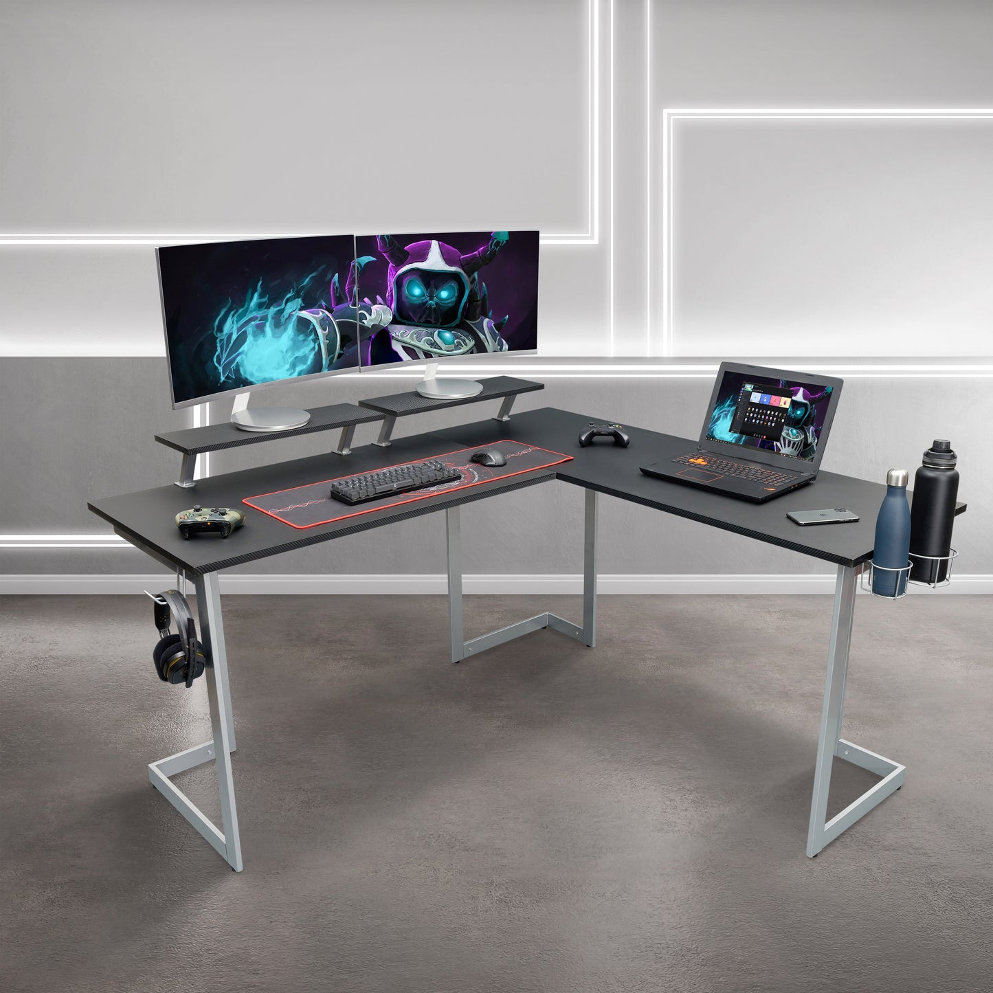 Techni Sport L-Shaped Gaming Desk with Dual Monitor Stands, Carbon Fiber Surface with Retractable Cup Holder and Headphone Hook, Black