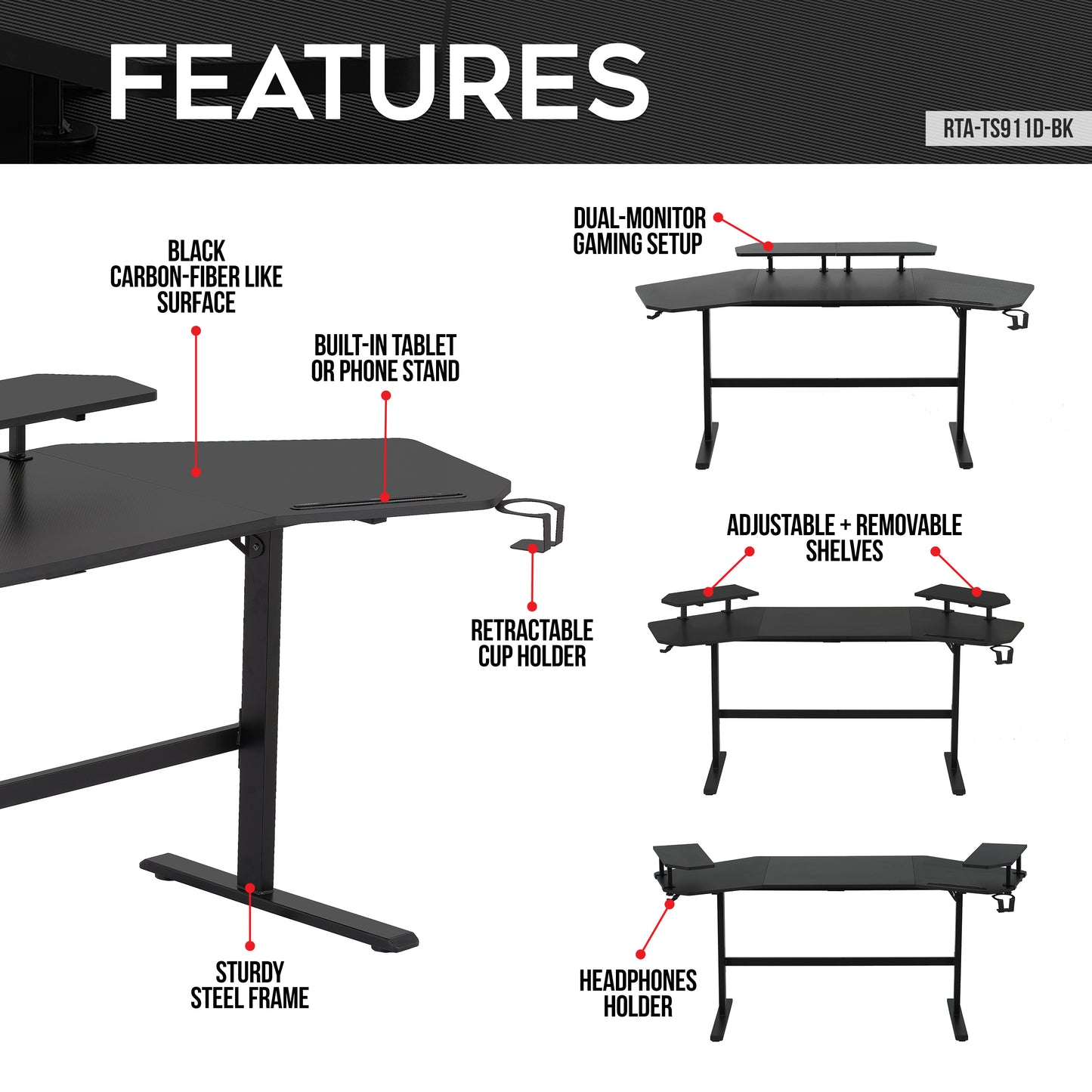 Techni Sport TS91D Gaming Desk with Shelves & Accessory Holder, Black