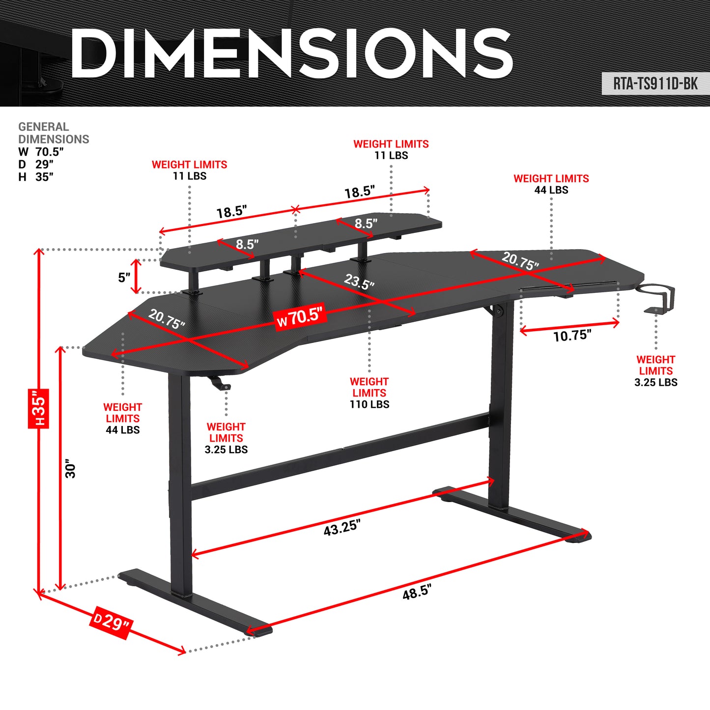 Techni Sport TS91D Gaming Desk with Shelves & Accessory Holder, Black
