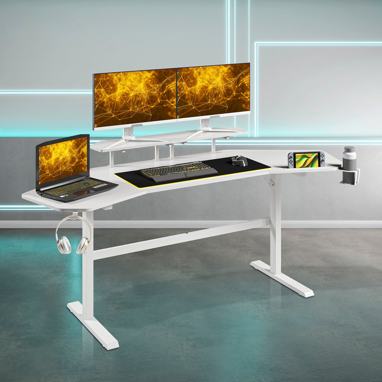 Techni Sport TS91D Gaming Desk with Shelves & Accessory Holder, White