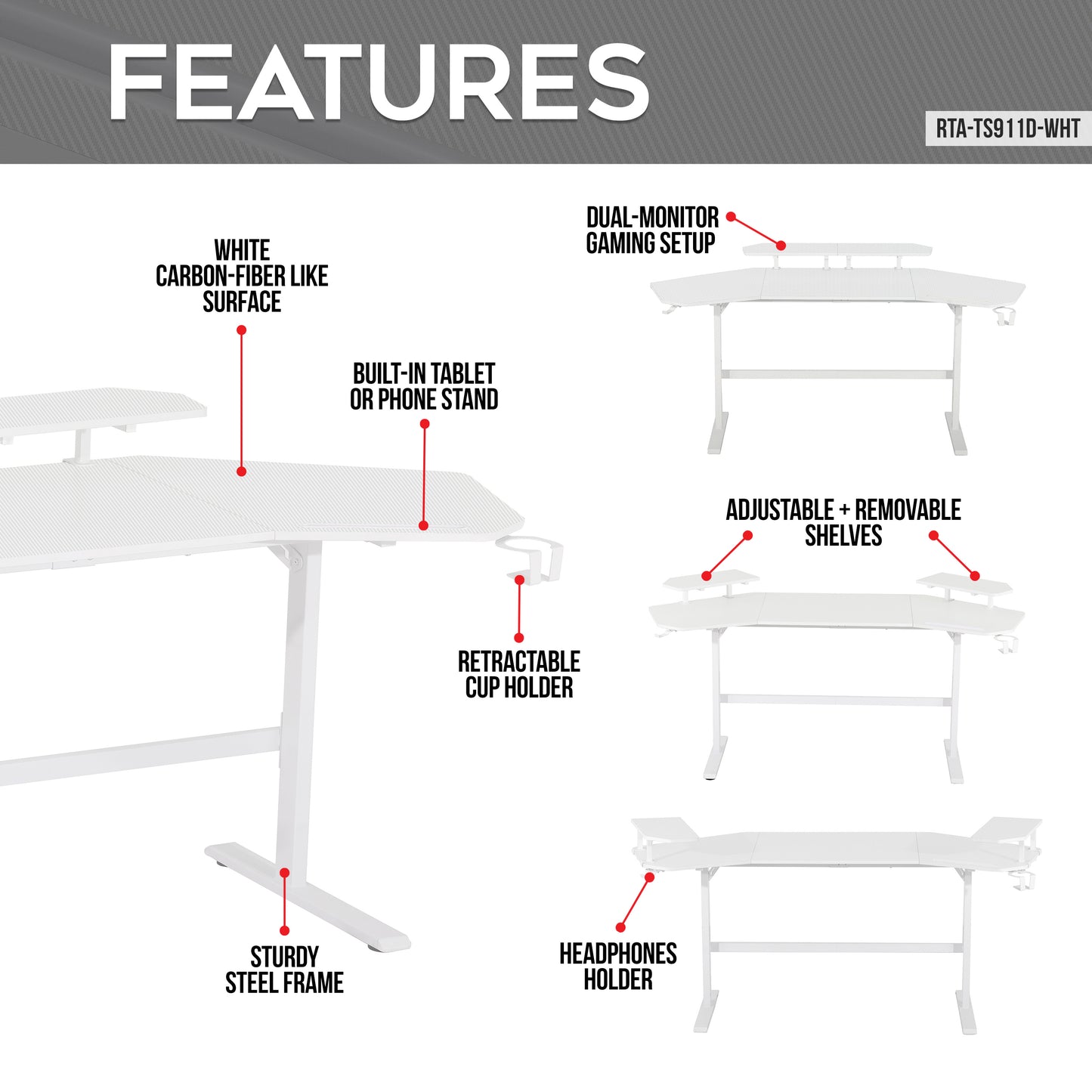 Techni Sport TS91D Gaming Desk with Shelves & Accessory Holder, White