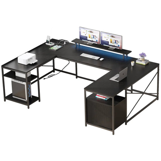 78.7'' U-Shaped Reversible Desk with Charging Station & LED Lights