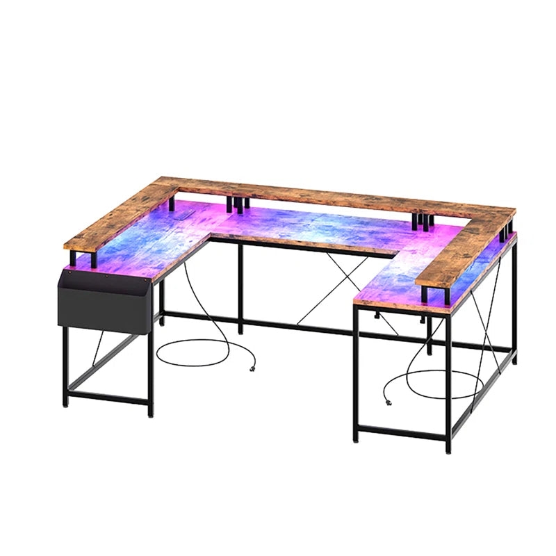 U Shaped Office Desk With With Monitor Stand And Led Lights