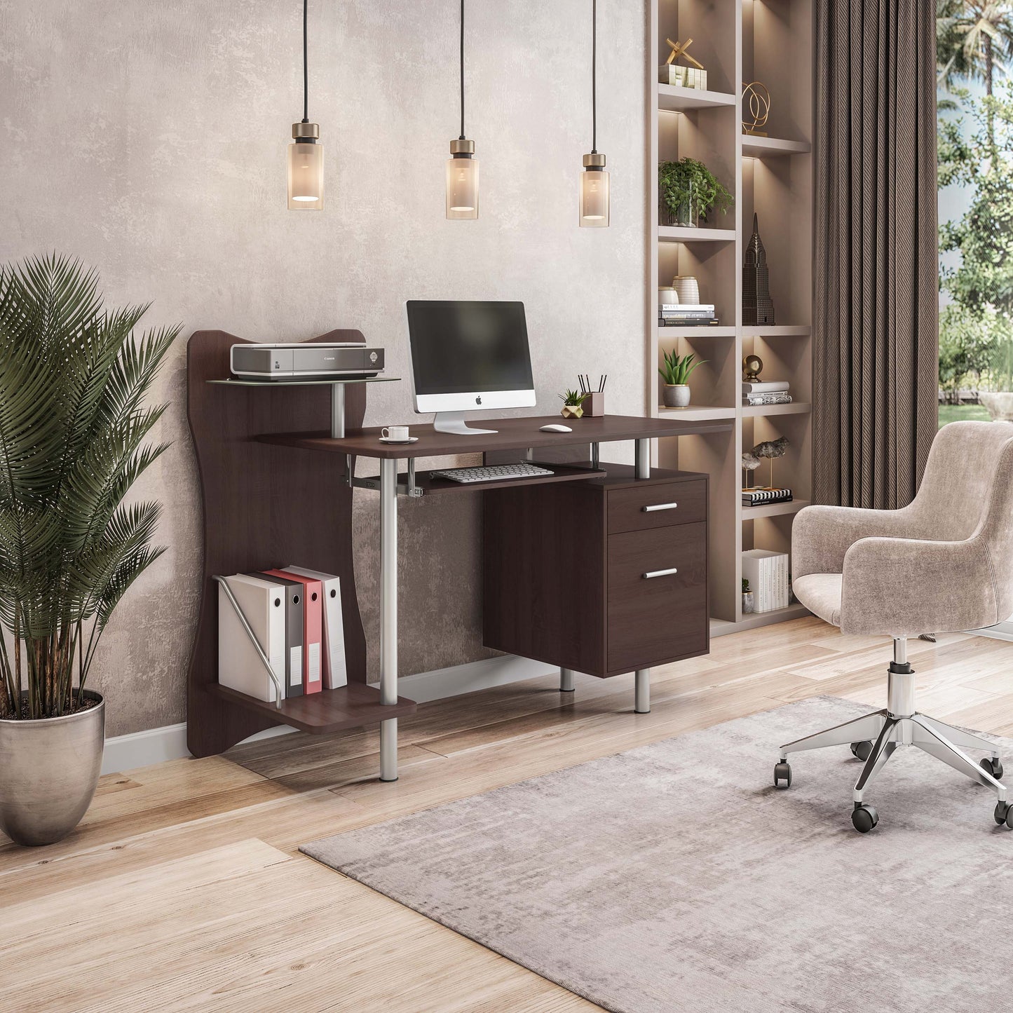 Techni Mobili Computer Desk with Spacious Storage, Chocolate