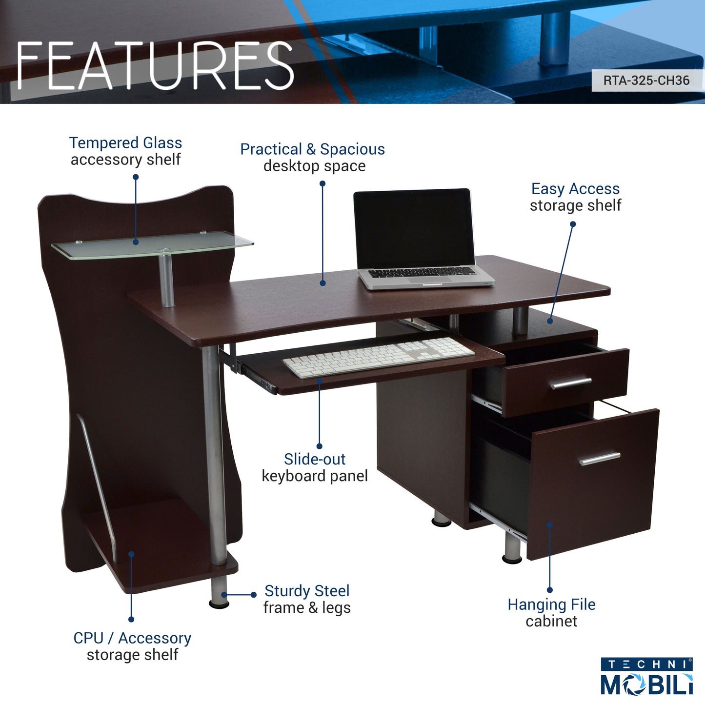 Techni Mobili Computer Desk with Spacious Storage, Chocolate