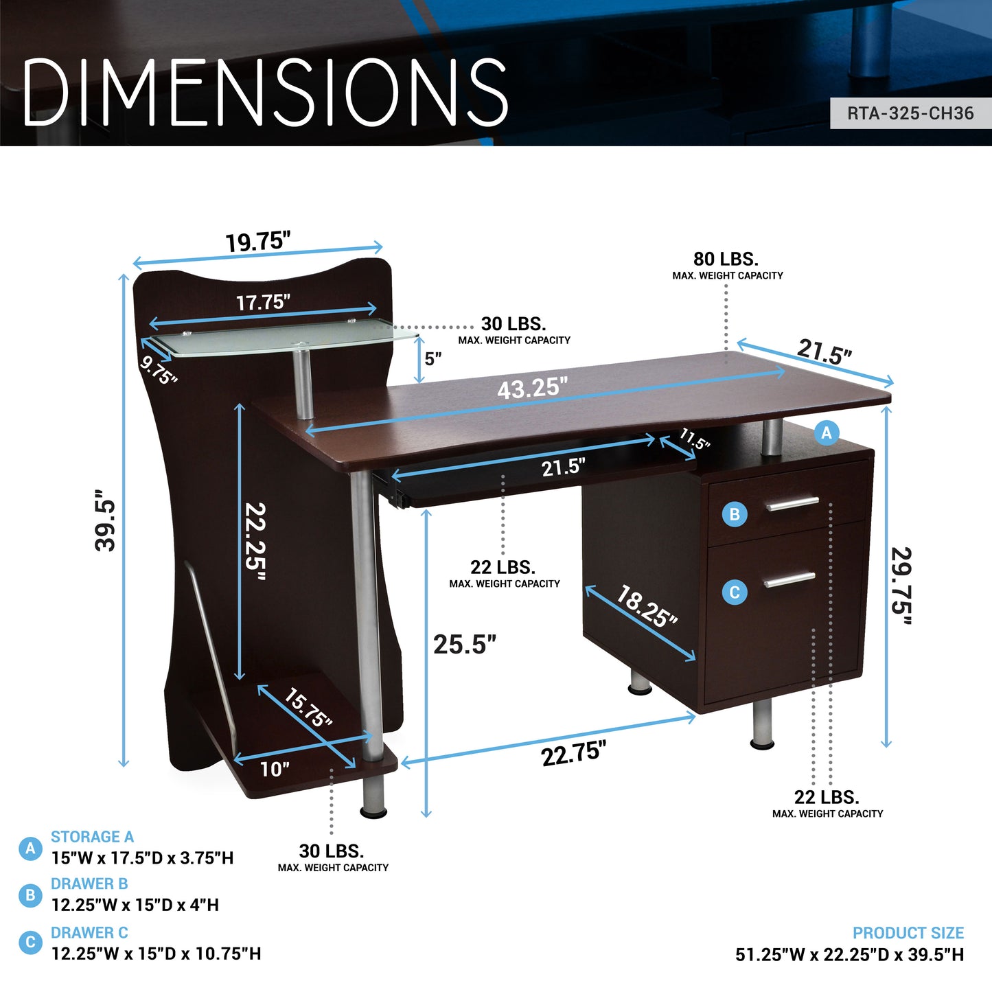Techni Mobili Computer Desk with Spacious Storage, Chocolate