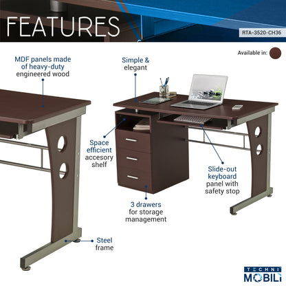 Techni Mobili Computer Desk with Ample Storage, Chocolate