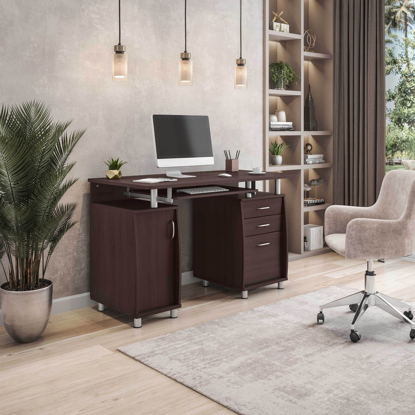 Techni Mobili Complete Workstation Computer Desk with Storage, Chocolate