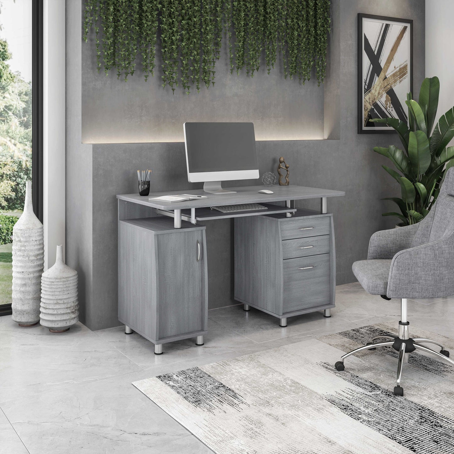 Techni Mobili Complete Workstation Computer Desk with Storage, Grey
