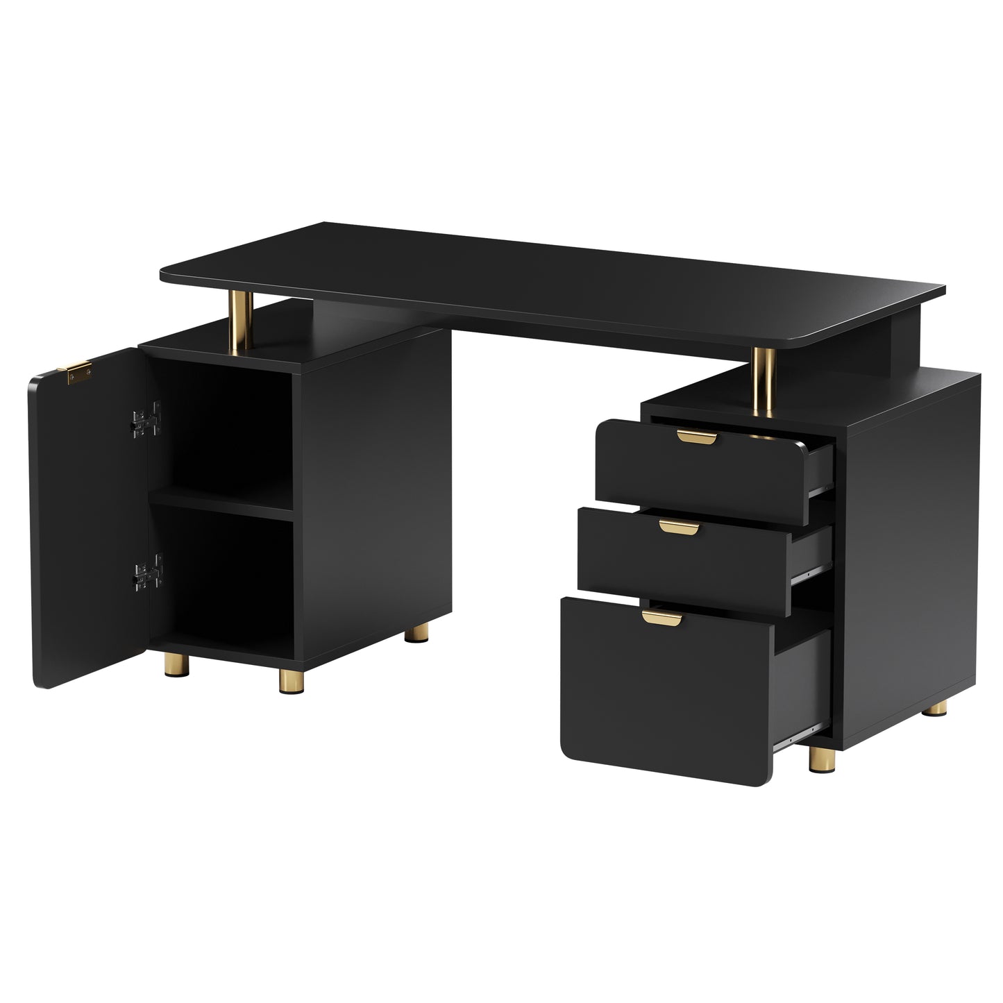 Techni Mobili Elegant Executive Desk with Gold Accents, 3 Drawers, and Cabinet with Adjustable Shelf and Ventilation, Modern Office Desk with Storage & Floating Work Surface, Black & Gold