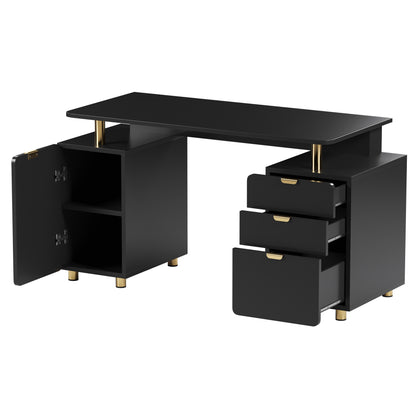 Techni Mobili Elegant Executive Desk with Gold Accents, 3 Drawers, and Cabinet with Adjustable Shelf and Ventilation, Modern Office Desk with Storage & Floating Work Surface, Black & Gold