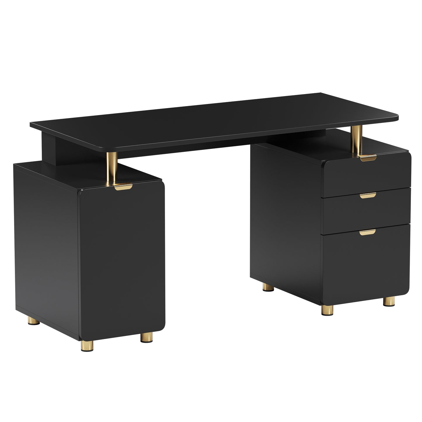 Techni Mobili Elegant Executive Desk with Gold Accents, 3 Drawers, and Cabinet with Adjustable Shelf and Ventilation, Modern Office Desk with Storage & Floating Work Surface, Black & Gold