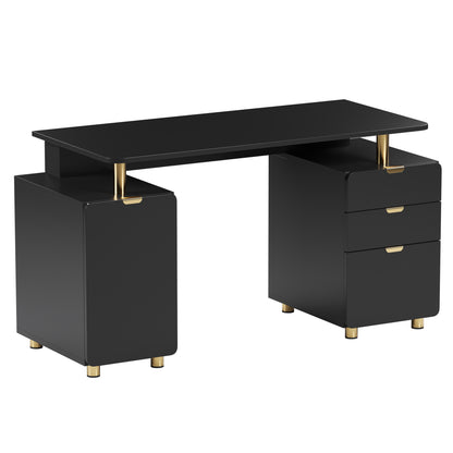 Techni Mobili Elegant Executive Desk with Gold Accents, 3 Drawers, and Cabinet with Adjustable Shelf and Ventilation, Modern Office Desk with Storage & Floating Work Surface, Black & Gold