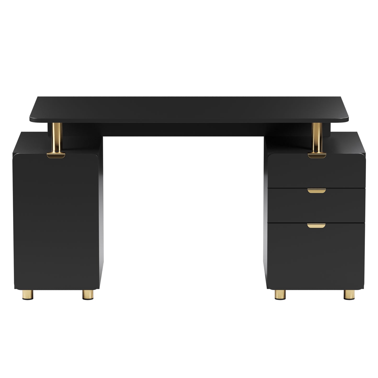 Techni Mobili Elegant Executive Desk with Gold Accents, 3 Drawers, and Cabinet with Adjustable Shelf and Ventilation, Modern Office Desk with Storage & Floating Work Surface, Black & Gold