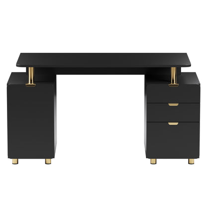 Techni Mobili Elegant Executive Desk with Gold Accents, 3 Drawers, and Cabinet with Adjustable Shelf and Ventilation, Modern Office Desk with Storage & Floating Work Surface, Black & Gold