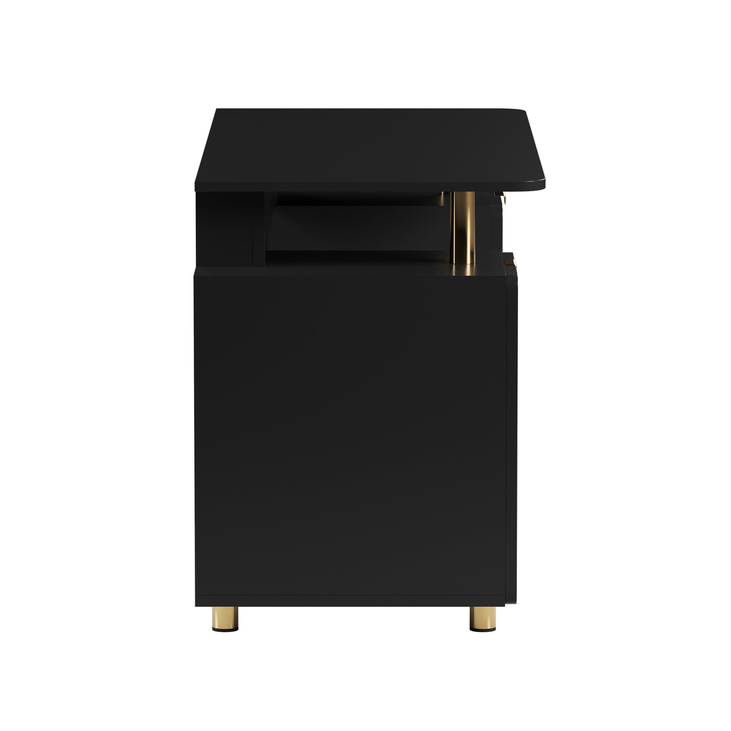 Techni Mobili Elegant Executive Desk with Gold Accents, 3 Drawers, and Cabinet with Adjustable Shelf and Ventilation, Modern Office Desk with Storage & Floating Work Surface, Black & Gold