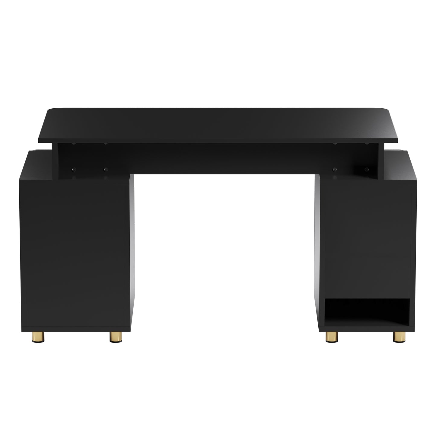 Techni Mobili Elegant Executive Desk with Gold Accents, 3 Drawers, and Cabinet with Adjustable Shelf and Ventilation, Modern Office Desk with Storage & Floating Work Surface, Black & Gold