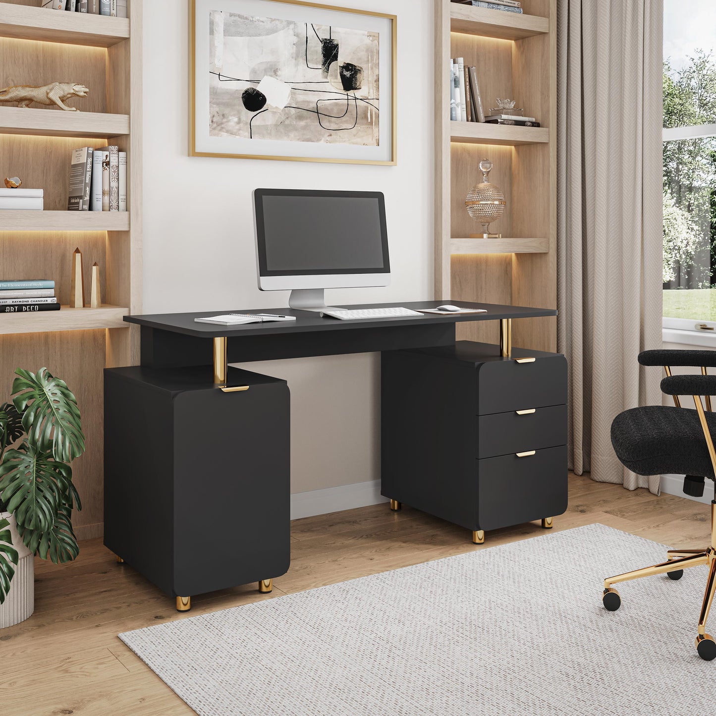 Techni Mobili Elegant Executive Desk with Gold Accents, 3 Drawers, and Cabinet with Adjustable Shelf and Ventilation, Modern Office Desk with Storage & Floating Work Surface, Black & Gold