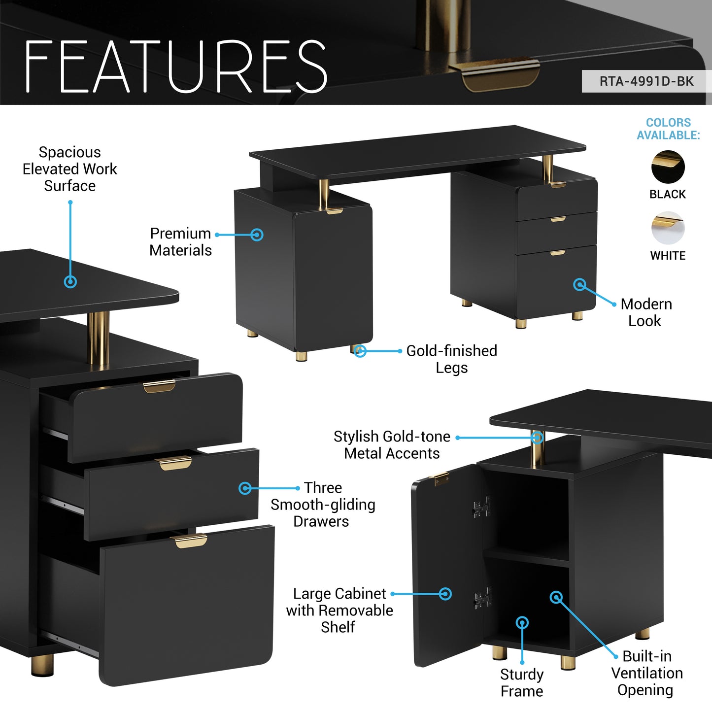 Techni Mobili Elegant Executive Desk with Gold Accents, 3 Drawers, and Cabinet with Adjustable Shelf and Ventilation, Modern Office Desk with Storage & Floating Work Surface, Black & Gold
