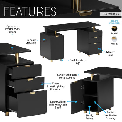 Techni Mobili Elegant Executive Desk with Gold Accents, 3 Drawers, and Cabinet with Adjustable Shelf and Ventilation, Modern Office Desk with Storage & Floating Work Surface, Black & Gold