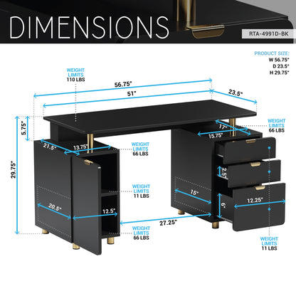 Techni Mobili Elegant Executive Desk with Gold Accents, 3 Drawers, and Cabinet with Adjustable Shelf and Ventilation, Modern Office Desk with Storage & Floating Work Surface, Black & Gold