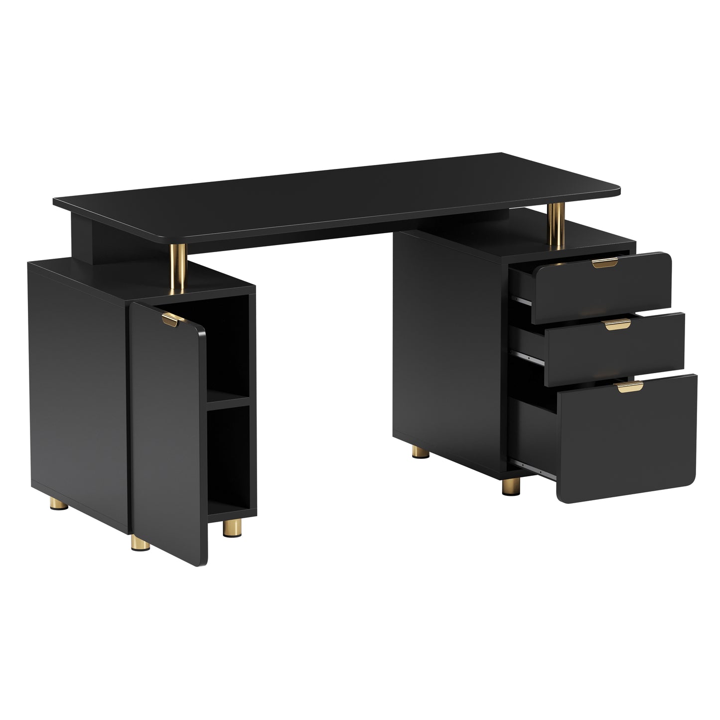 Techni Mobili Elegant Executive Desk with Gold Accents, 3 Drawers, and Cabinet with Adjustable Shelf and Ventilation, Modern Office Desk with Storage & Floating Work Surface, Black & Gold