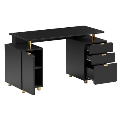 Techni Mobili Elegant Executive Desk with Gold Accents, 3 Drawers, and Cabinet with Adjustable Shelf and Ventilation, Modern Office Desk with Storage & Floating Work Surface, Black & Gold