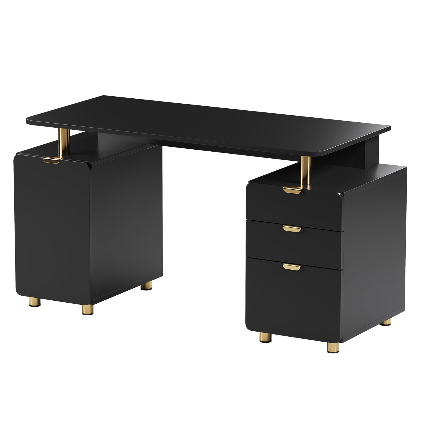 Techni Mobili Elegant Executive Desk with Gold Accents, 3 Drawers, and Cabinet with Adjustable Shelf and Ventilation, Modern Office Desk with Storage & Floating Work Surface, Black & Gold