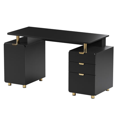 Techni Mobili Elegant Executive Desk with Gold Accents, 3 Drawers, and Cabinet with Adjustable Shelf and Ventilation, Modern Office Desk with Storage & Floating Work Surface, Black & Gold