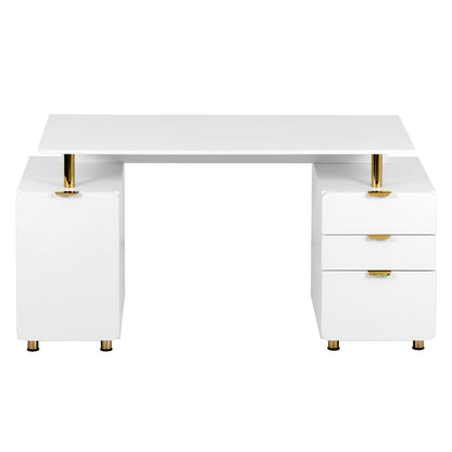 Techni Mobili Elegant Executive Desk with Gold Accents, 3 Drawers, and Cabinet with Adjustable Shelf and Ventilation, Modern Office Desk with Storage & Floating Work Surface, White & Gold
