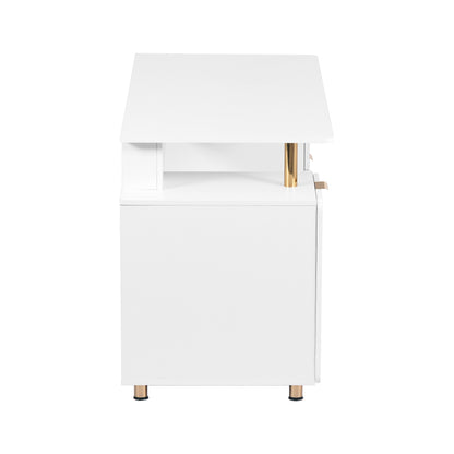 Techni Mobili Elegant Executive Desk with Gold Accents, 3 Drawers, and Cabinet with Adjustable Shelf and Ventilation, Modern Office Desk with Storage & Floating Work Surface, White & Gold