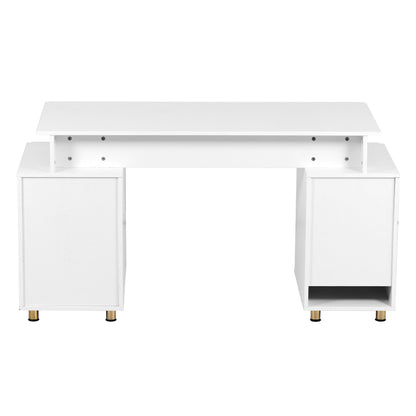 Techni Mobili Elegant Executive Desk with Gold Accents, 3 Drawers, and Cabinet with Adjustable Shelf and Ventilation, Modern Office Desk with Storage & Floating Work Surface, White & Gold